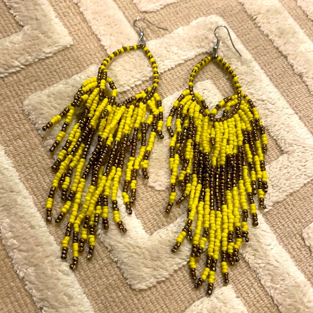 LARGE Copper, yellow beaded 5 1/2 inch dangly earrings